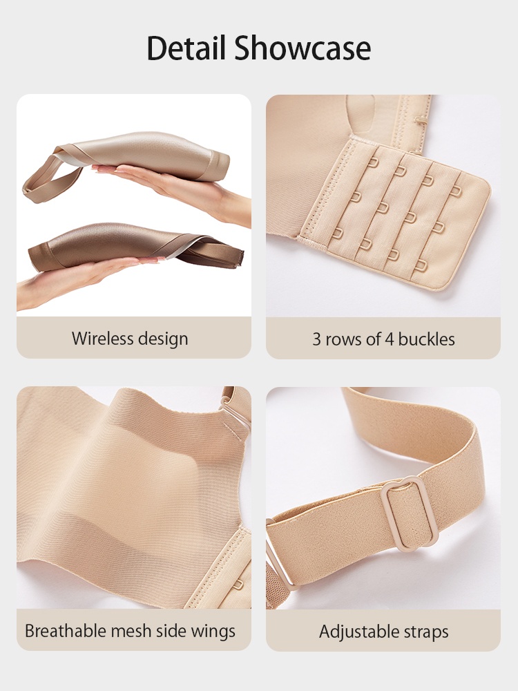 Detail showcase of wireless design back closure side wings and straps VEIMIA