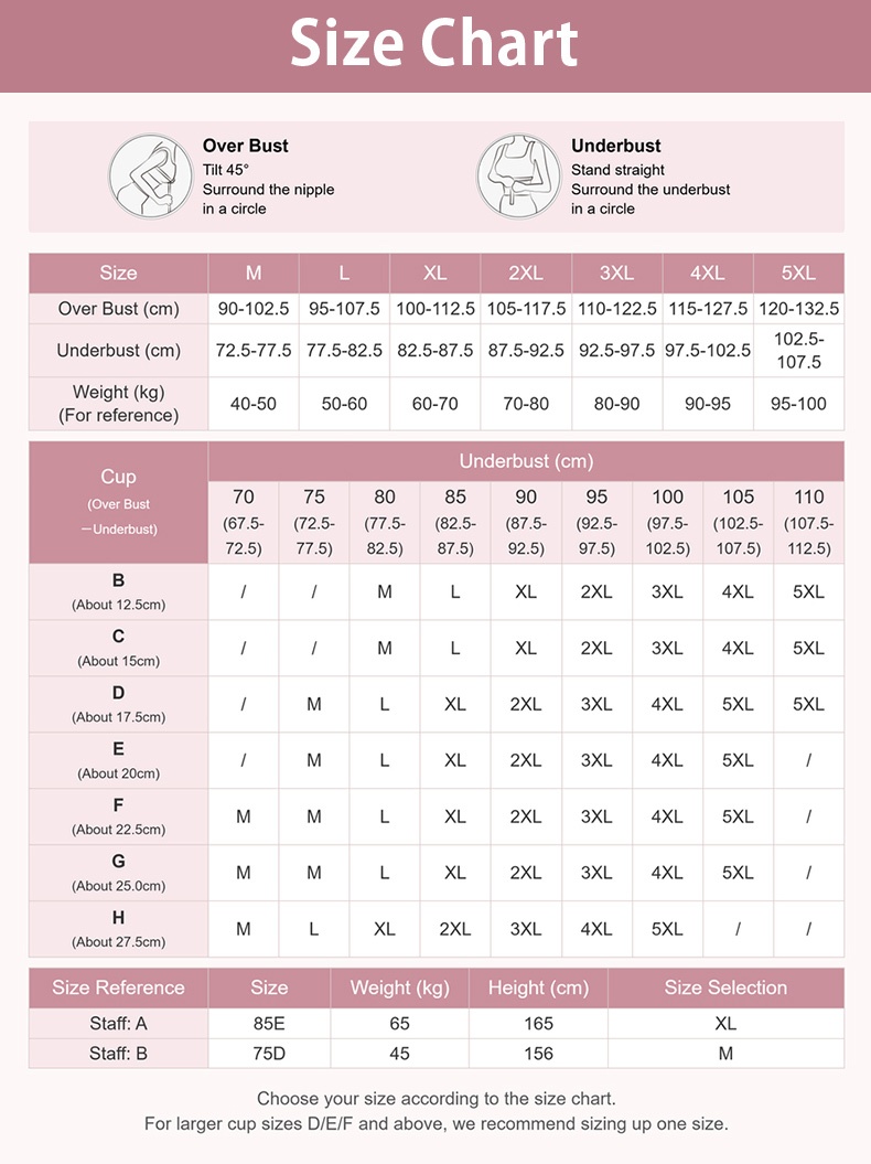 Wireless bra size chart with bust and underbust measurement guide VEIMIA