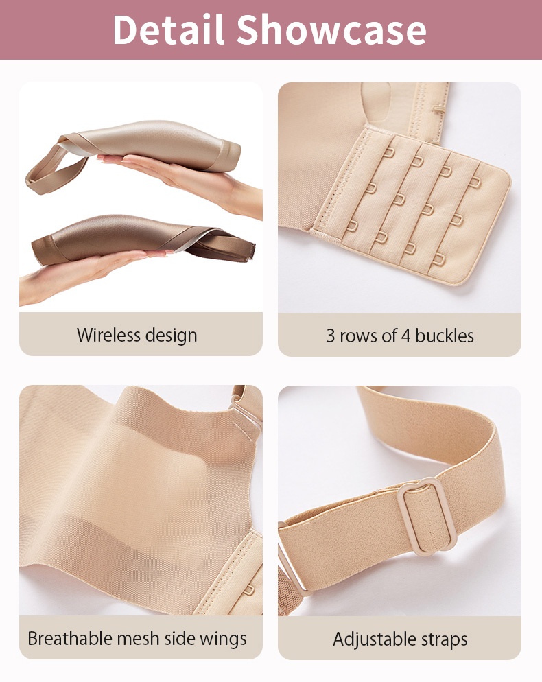 Detail showcase of wireless bra closure mesh side wings and adjustable straps VEIMIA