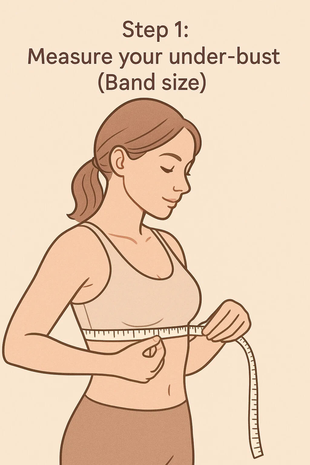 VEIMIA Step 1 guide showing how to measure underbust for correct bra band size