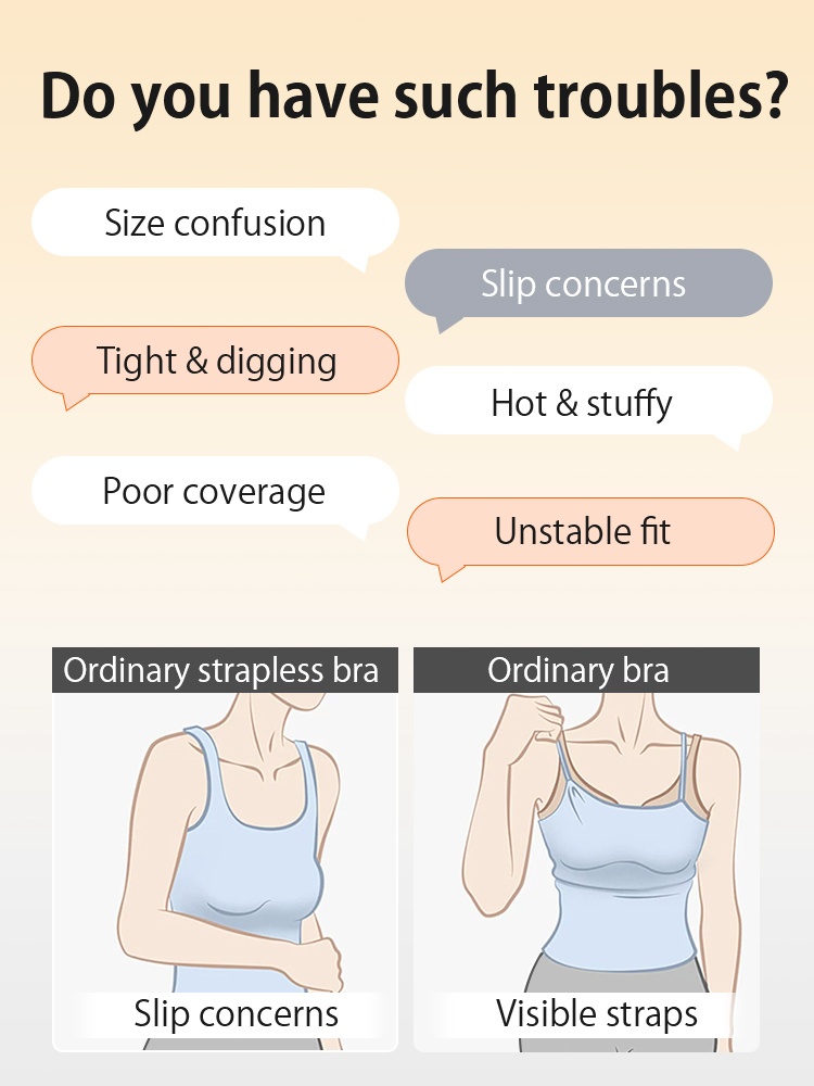 Trouble graphic showing strapless bra slipping and fit concerns VEIMIA