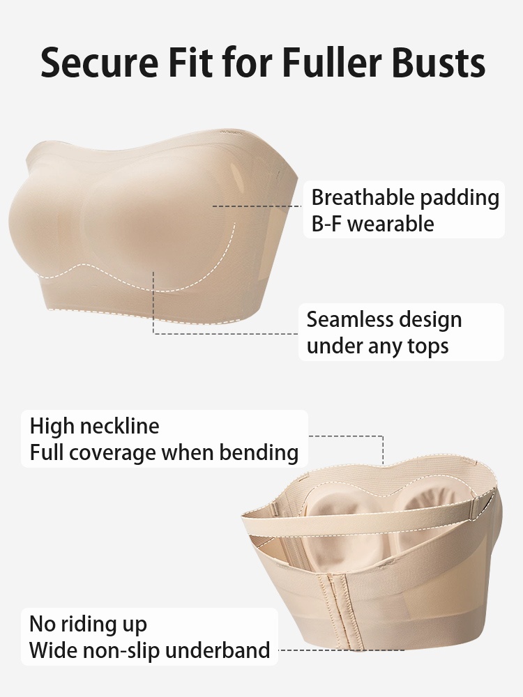 Feature graphic showing beige strapless bra support and full coverage design VEIMIA