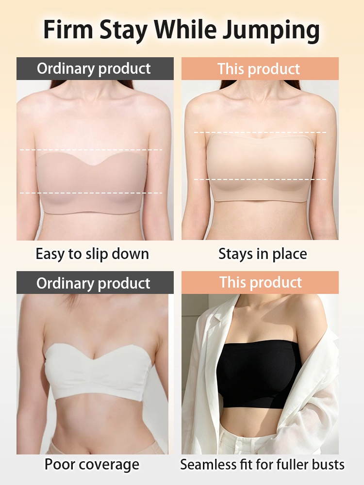 Comparison graphic showing strapless bra stay-in-place fit while jumping VEIMIA