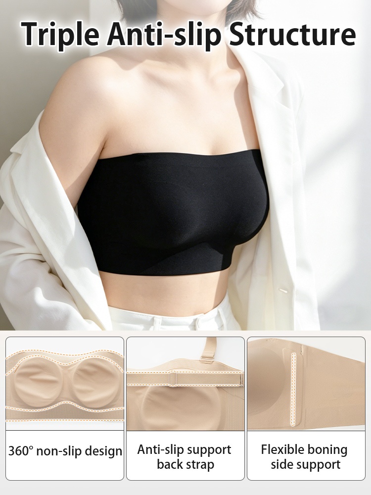 Feature graphic showing black strapless bra with anti-slip support details VEIMIA