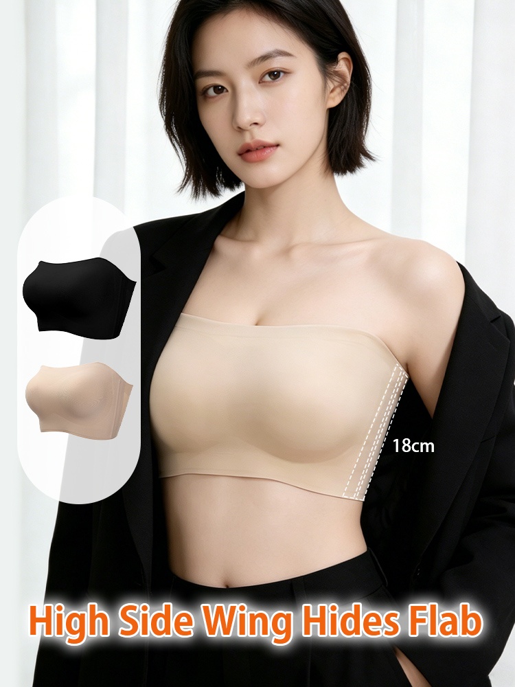 Model wearing beige strapless bra with high side wing design VEIMIA