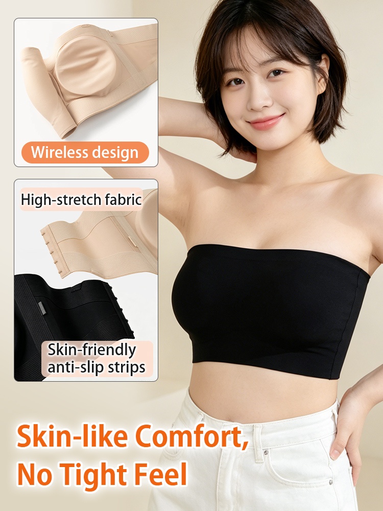 Model wearing black strapless bra with wireless design and anti-slip strips VEIMIA