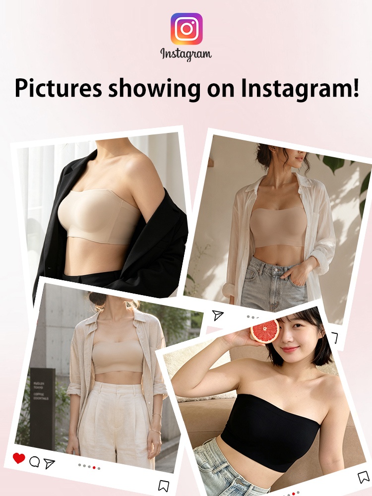 Social media style collage of models wearing beige and black strapless bras VEIMIA