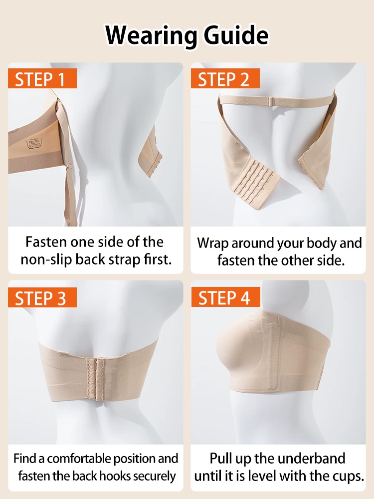 Wearing guide showing steps to fasten non-slip strapless bra VEIMIA