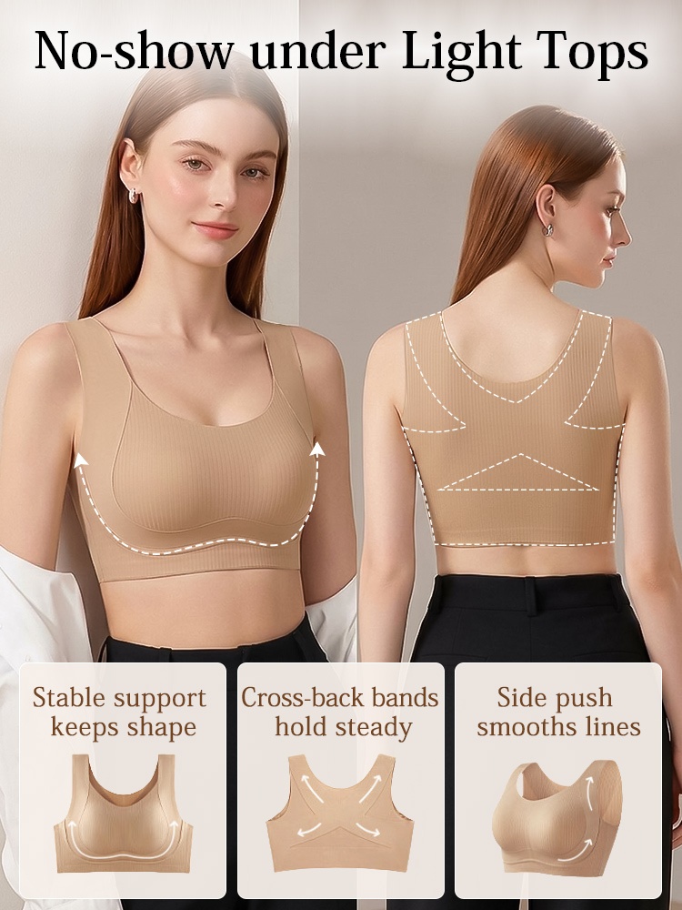 Feature graphic showing sand seamless bra front and back support design VEIMIA
