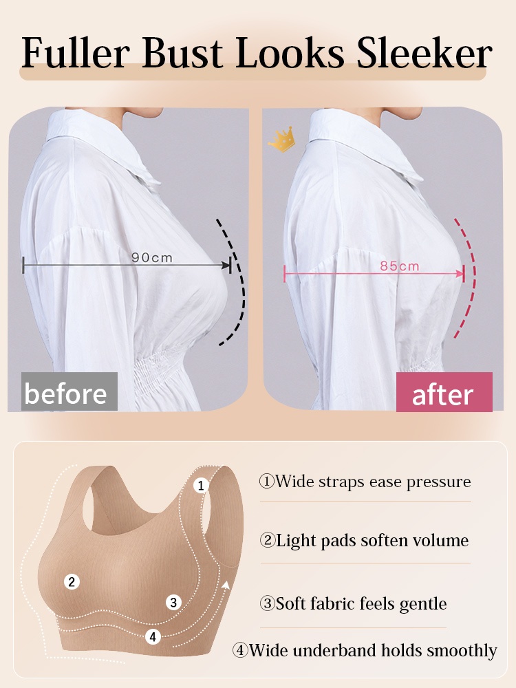 Before and after comparison with wide straps and supportive underband design VEIMIA
