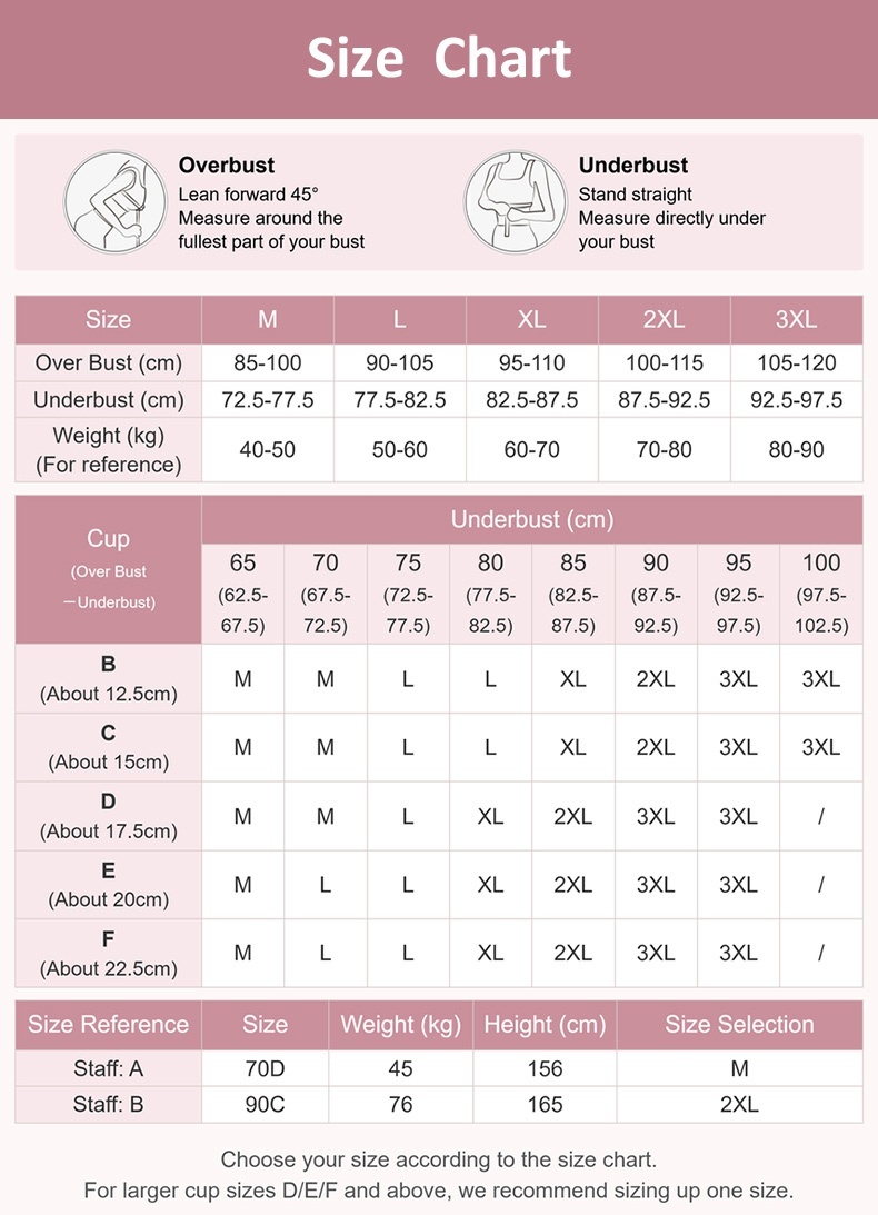 Size chart with overbust underbust cup weight and height measurement guide VEIMIA