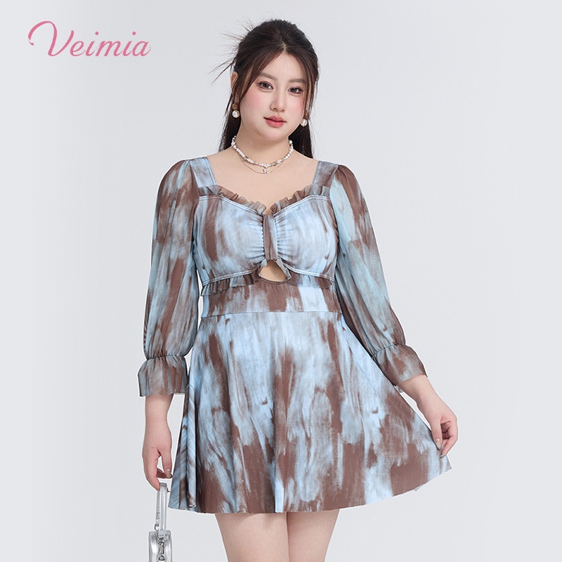 Women's Mesh Long Sleeve Plus Size One-piece Swim Dress VEIMIA 