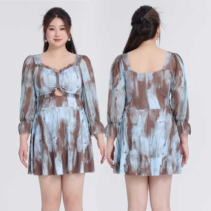 Mesh Long Sleeve Plus Size One-piece Swim Dress VEIMIA 