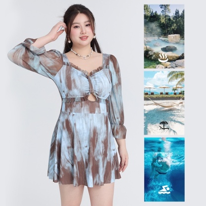 Women's Mesh Long Sleeve Plus Size One-piece Swim Dress For Beach VEIMIA 