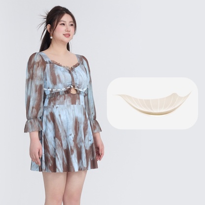 Women's Mesh Long Sleeve Plus Size One-piece Swim Dress With Built-in Bra VEIMIA 