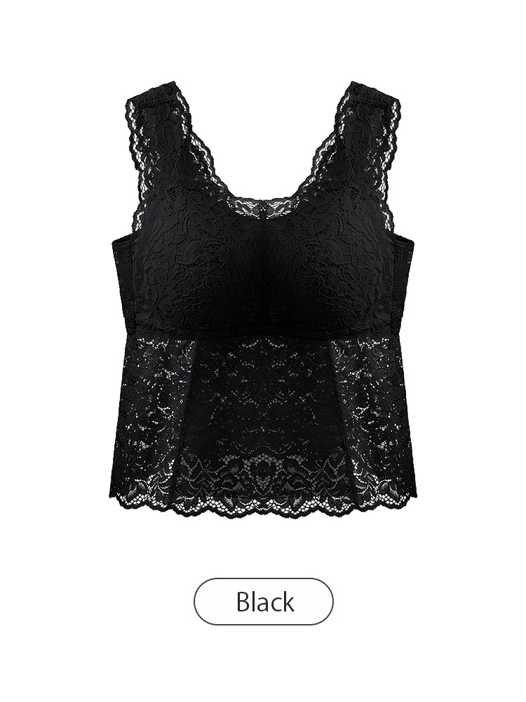 Front view of black lace tank top with floral lace design VEIMIA