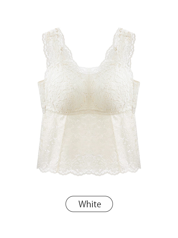 Front view of white lace tank top with floral lace texture VEIMIA