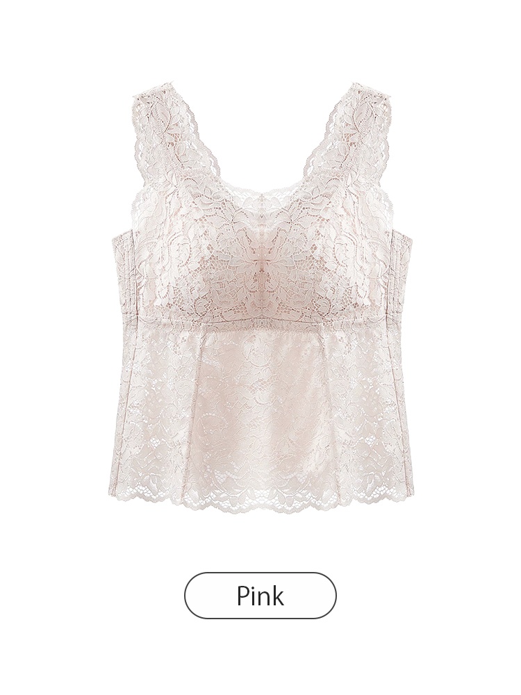 Front view of pink lace tank top with floral lace texture VEIMIA