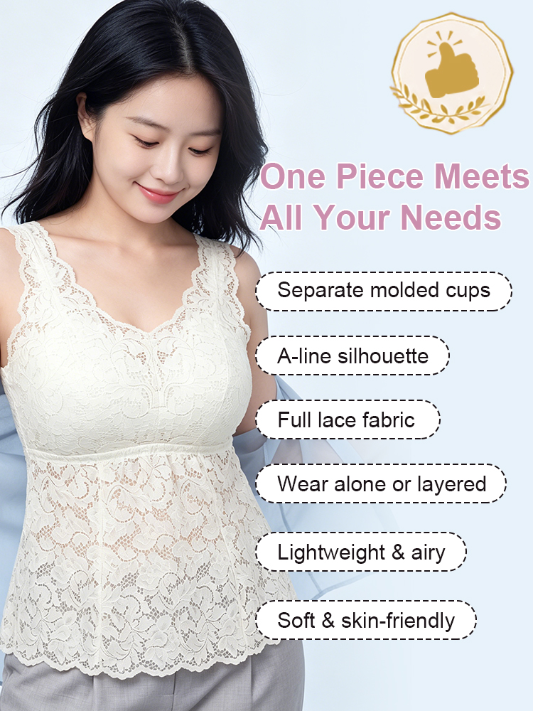 Feature graphic showing molded cups and lightweight lace tank top VEIMIA