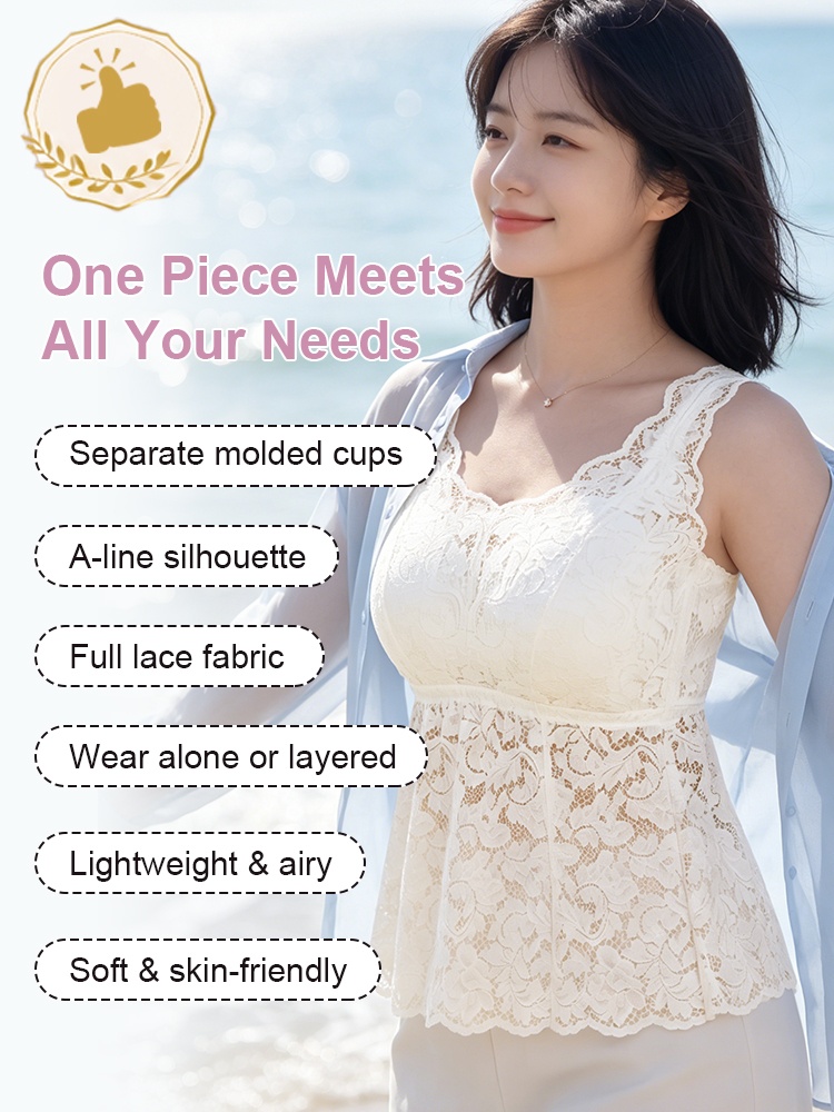 Feature graphic showing molded cups and lightweight lace tank top VEIMIA