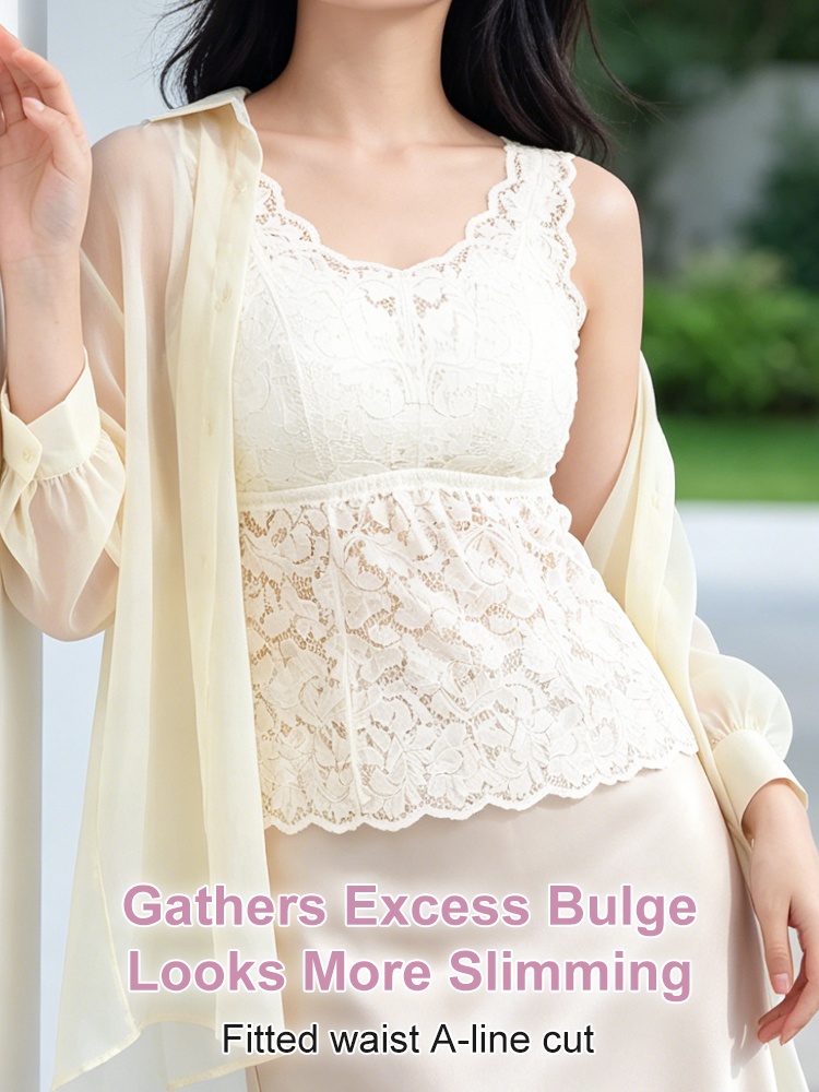 Model wearing white lace tank top with A line silhouette VEIMIA