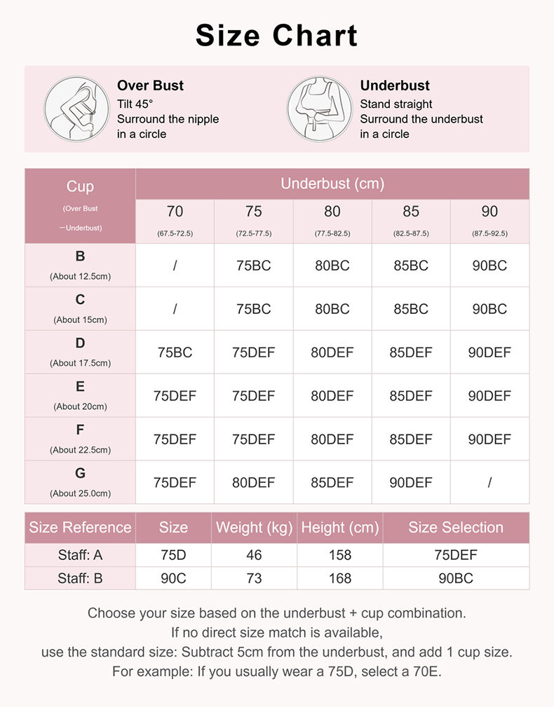 Size chart with bust and underbust measurement guide VEIMIA