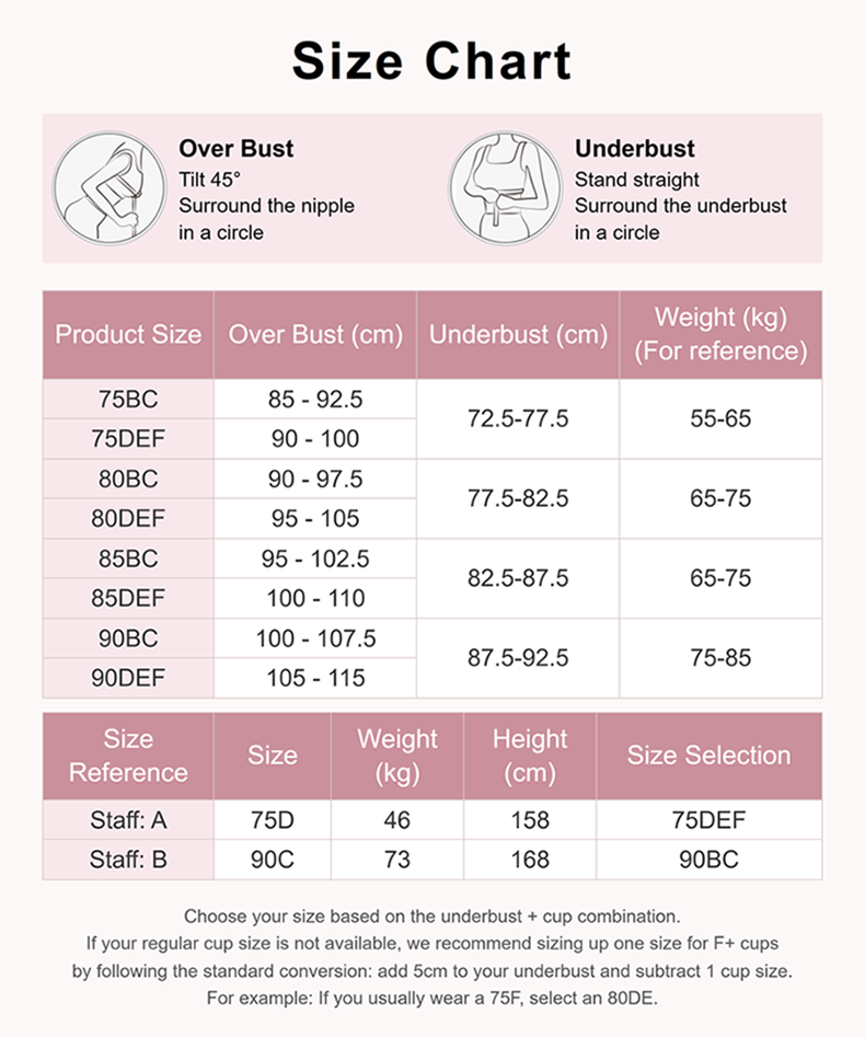 Size chart with bust and underbust measurement guide VEIMIA
