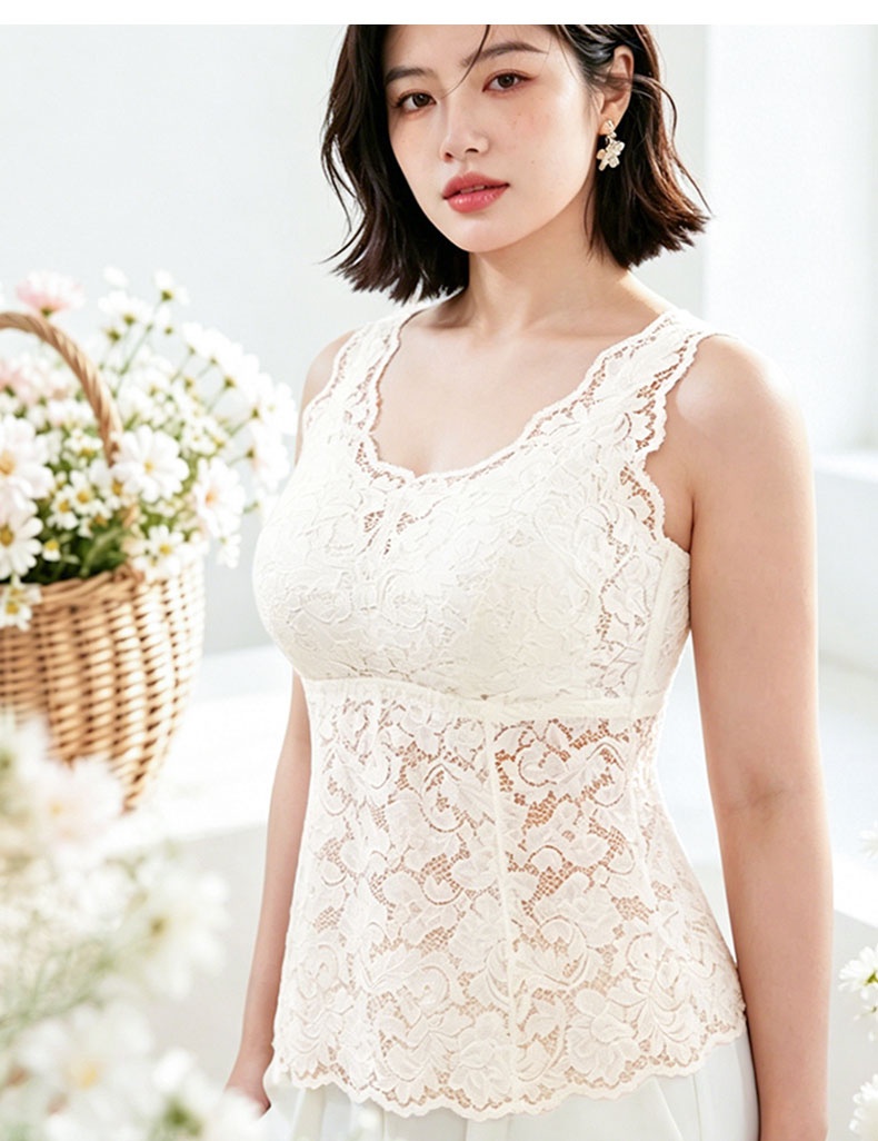 Front view model showcase of white lace slimming tank top VEIMIA