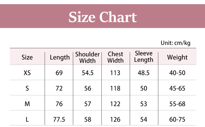 UV jacket size chart with length, shoulder width, chest width, sleeve length and weight guide - VEIMIA