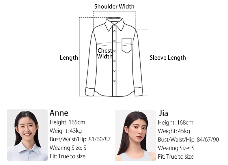 UV jacket measurement guide with model fit examples for size S - VEIMIA