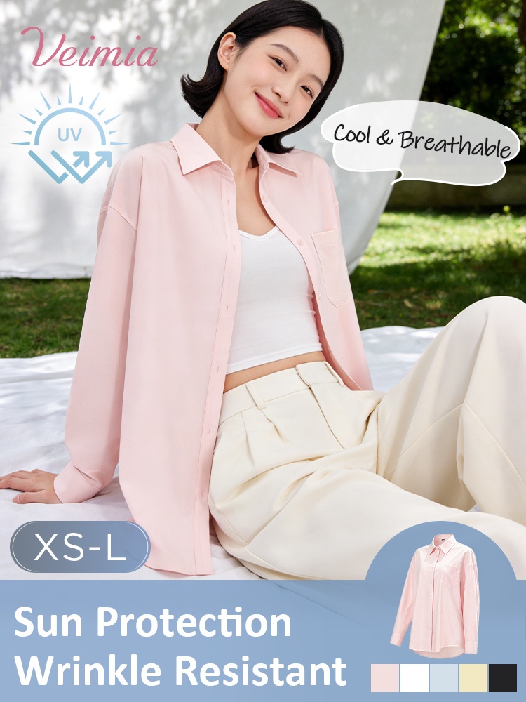 Model wearing pink UV sun protection jacket with cool breathable and wrinkle resistant callouts - VEIMIA