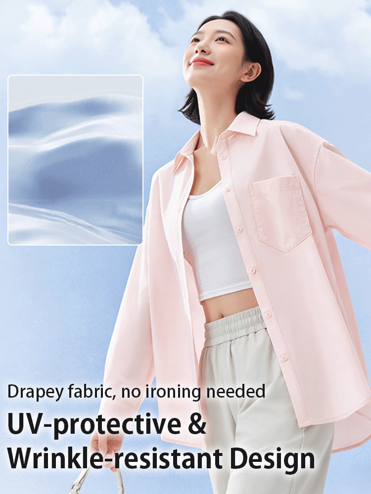 Pink UV protective wrinkle resistant jacket with drapey no-iron fabric close-up - VEIMIA