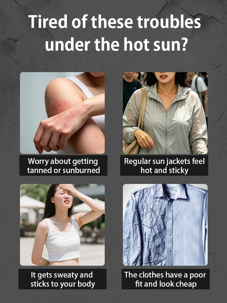 Hot sun problem comparison showing tanning, sweating, sticky jackets and wrinkled clothes - VEIMIA