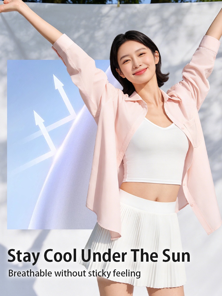 Model stretching in pink breathable sun protection jacket under sunlight - VEIMIA