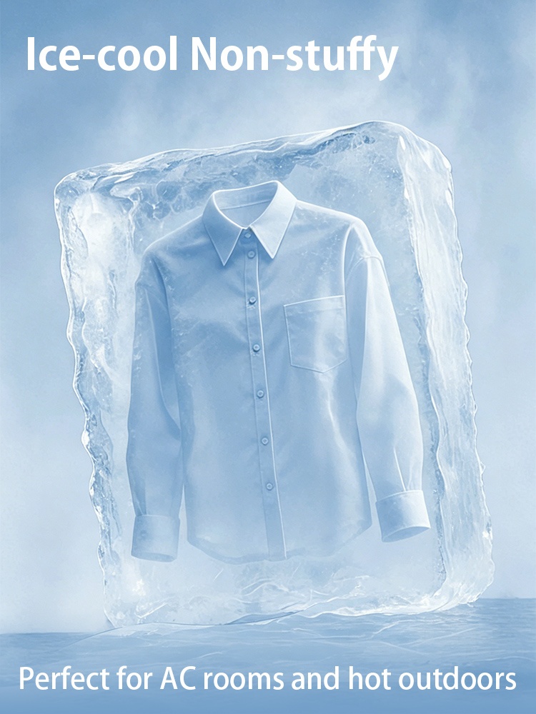 Blue ice-cool sun protection jacket shown inside ice block for non-stuffy wear - VEIMIA