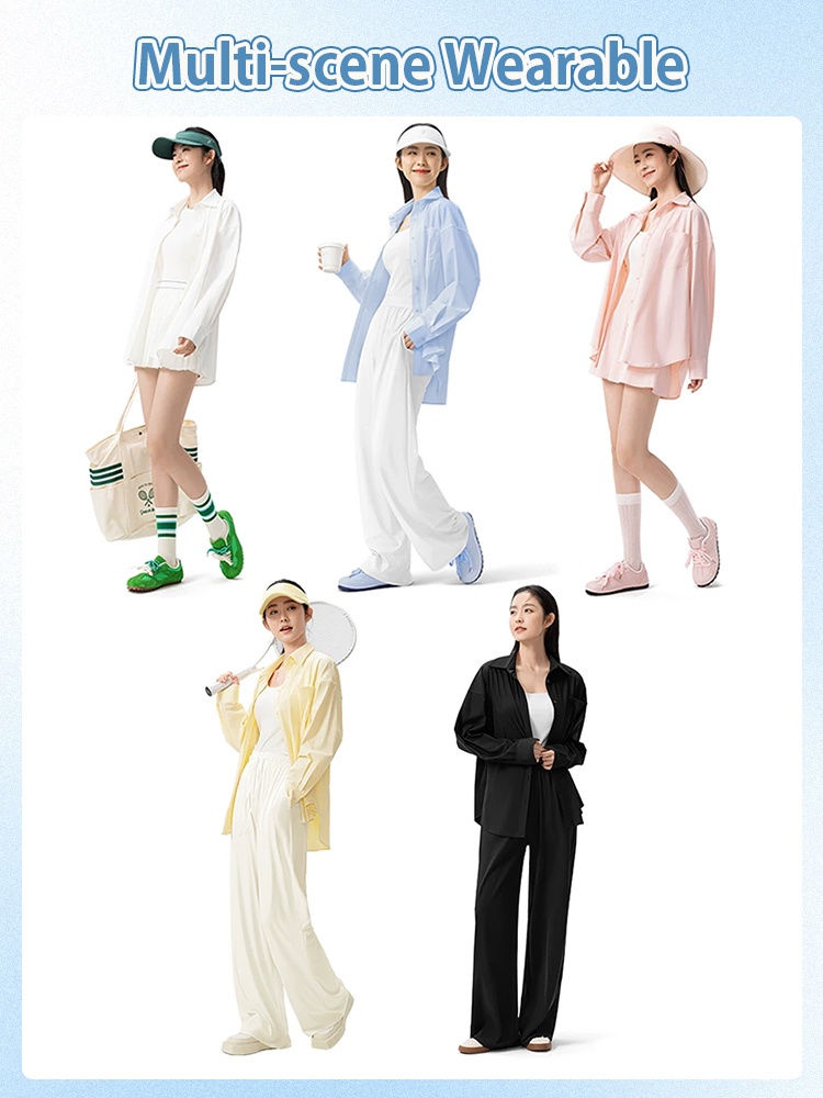 Multi-scene wearable UV jackets in white, blue, pink, yellow and black outfits - VEIMIA