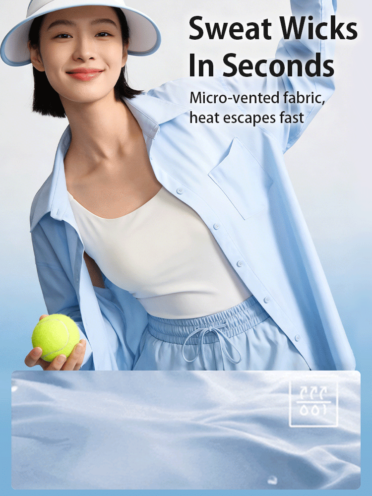 Blue micro-vented sun jacket with sweat-wicking fabric for fast heat escape - VEIMIA