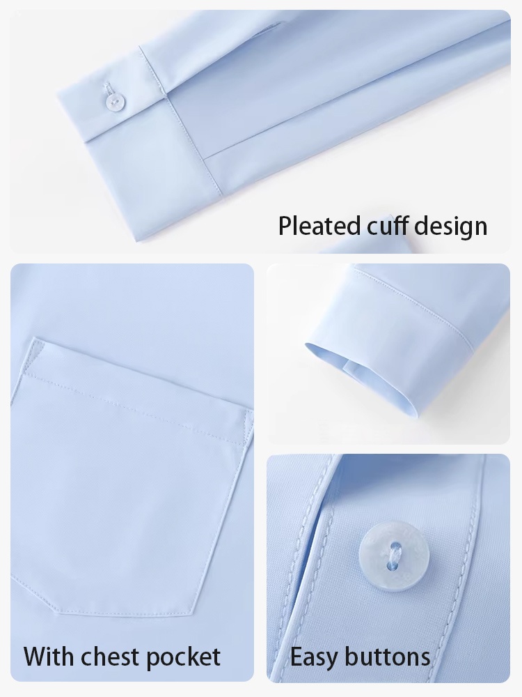 Blue UV jacket detail collage showing pleated cuffs, chest pocket and easy buttons - VEIMIA