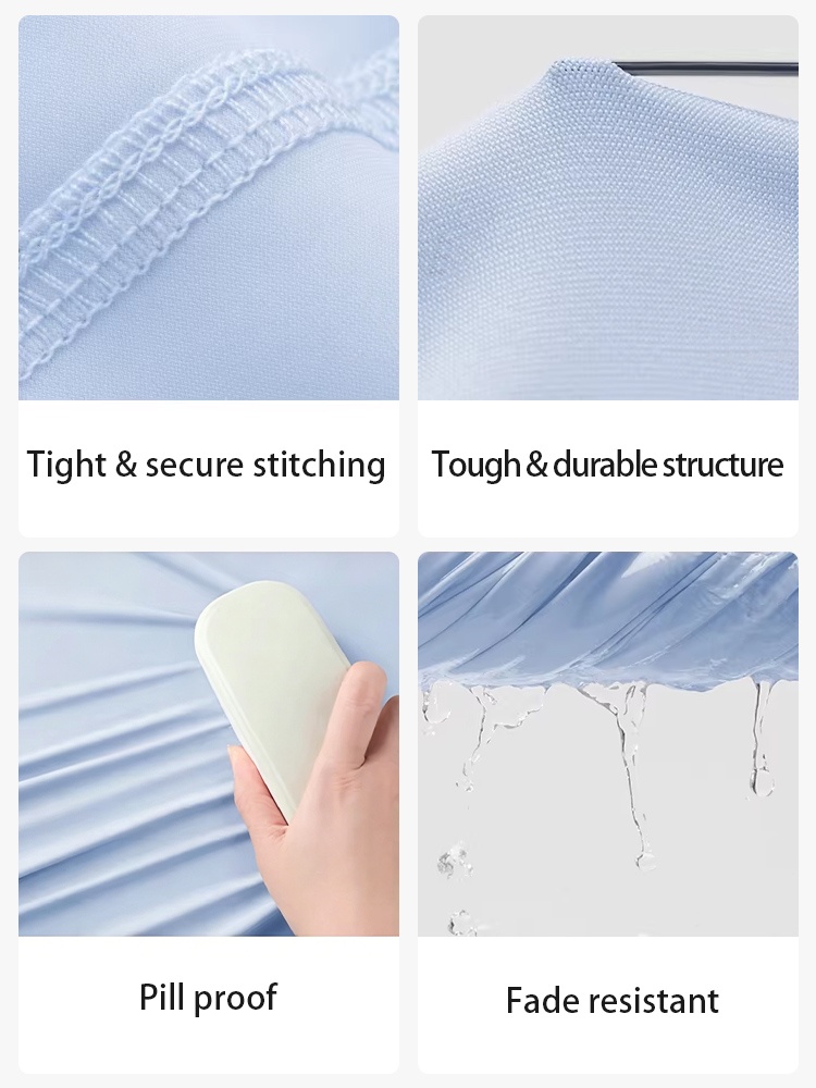 Blue fabric detail collage showing secure stitching, durable structure, pill proof and fade resistance - VEIMIA