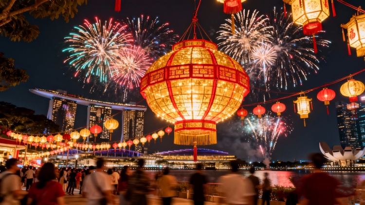 VEIMIA River Hongbao 2026 lantern displays and fireworks at Marina Bay Singapore during Chinese New Year celebration