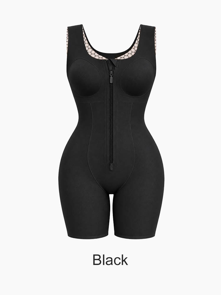 Black full body shaping bodysuit front view with long zipper VEIMIA