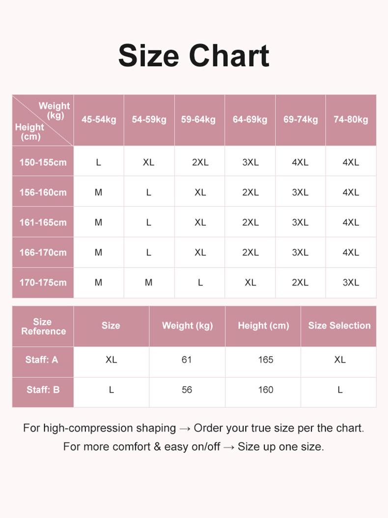 Bodysuit size chart with height and weight guide plus wearing steps VEIMIA