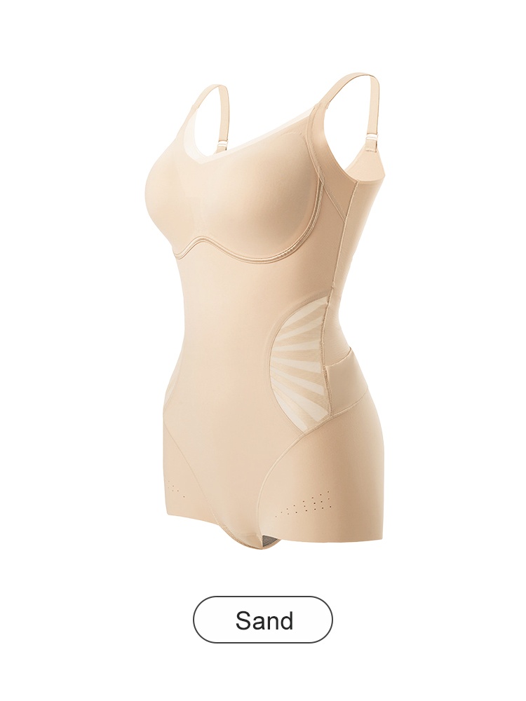 Sand sculpting bodysuit three-quarter front view with side mesh panels VEIMIA