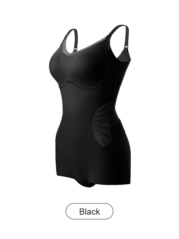 Black sculpting bodysuit three-quarter front view with side mesh panels VEIMIA