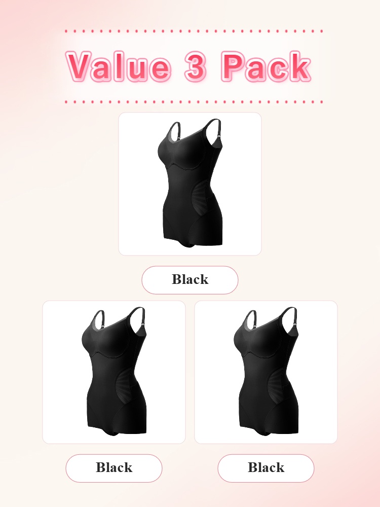 Value 3 pack black sculpting bodysuits shown in matching color VEIMIA