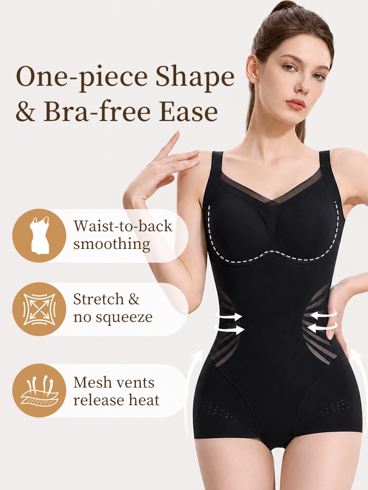 Model wearing black sculpting bodysuit with waist smoothing and mesh ventilation features VEIMIA