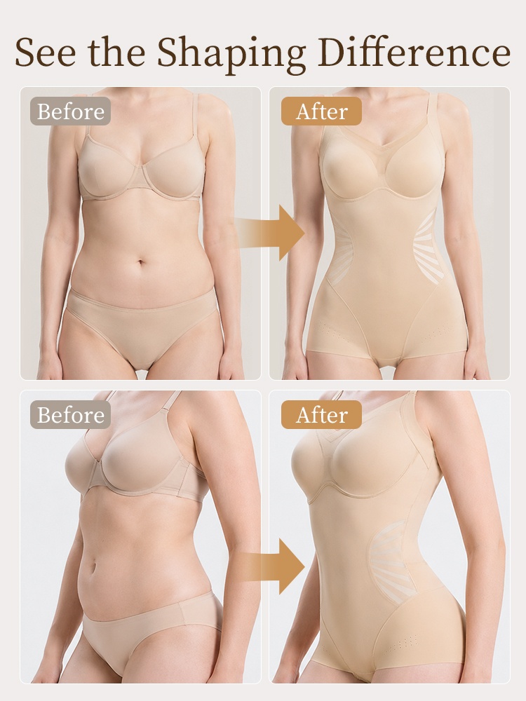 Before and after comparison showing sand bodysuit front and side shaping fit VEIMIA