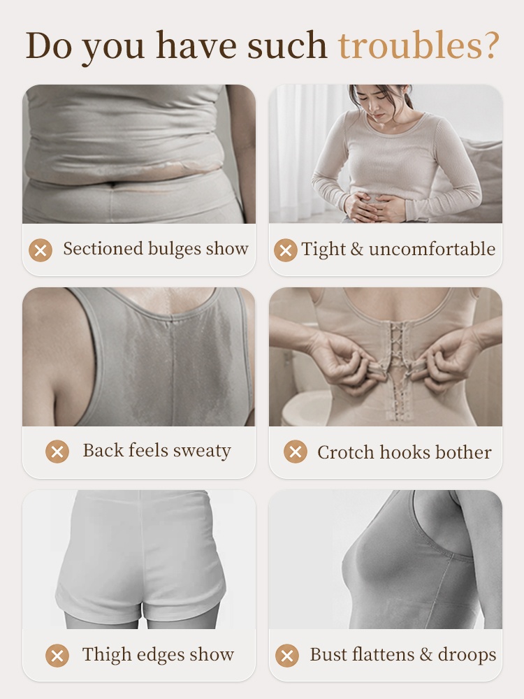Problem graphic showing common bodysuit fit comfort and coverage concerns VEIMIA