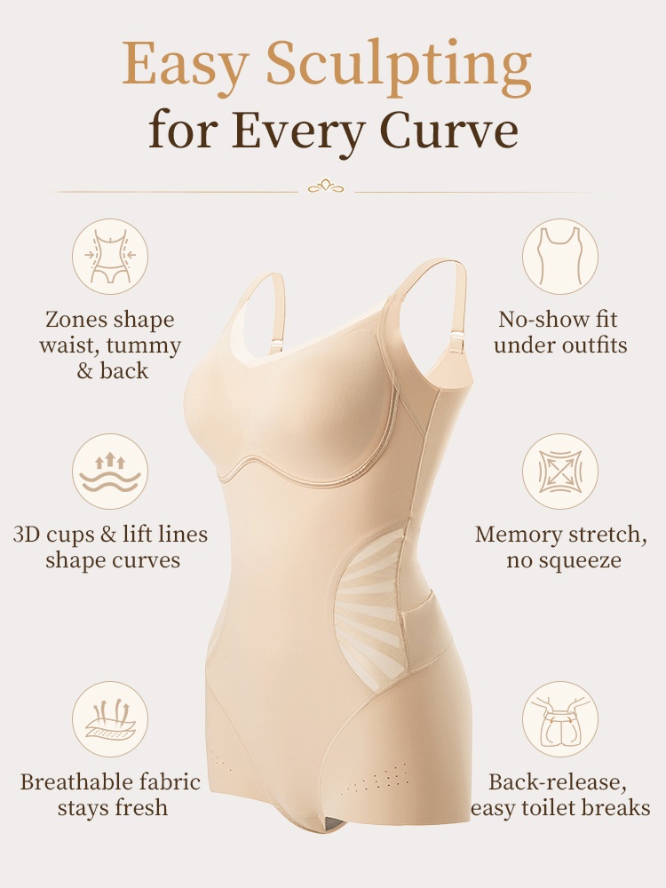 Feature graphic of sand sculpting bodysuit showing shaping zones cups stretch ventilation and back-release design VEIMIA