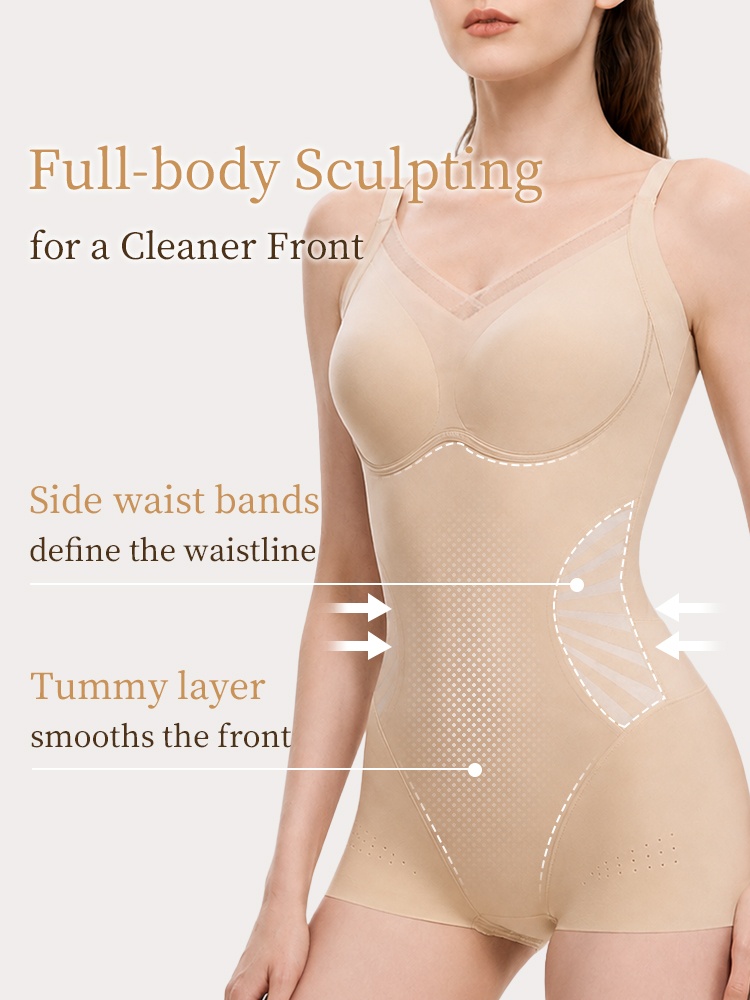 Model wearing sand sculpting bodysuit with side waist bands and tummy smoothing panel VEIMIA